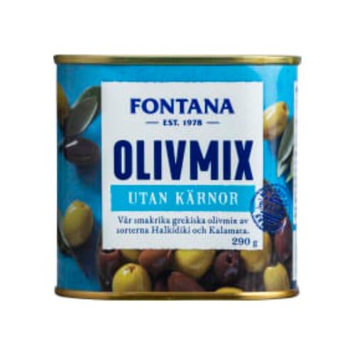 زيتونOlivmix Halkidiki & Kalamata Utan Kärnor Fontana 290/130g