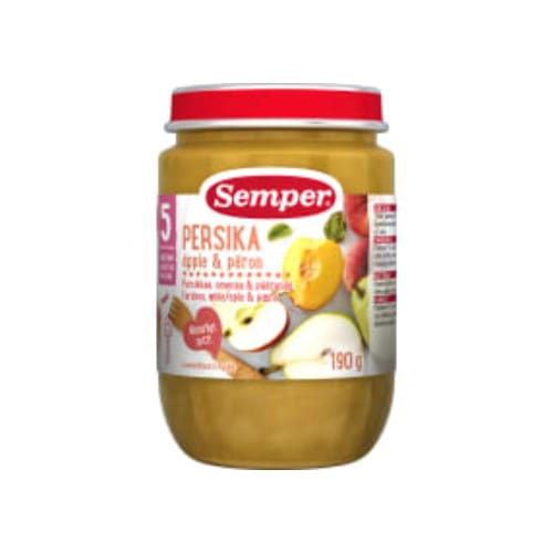 Persika Äpple Päron Puré Från 5 Månader Semper 190g