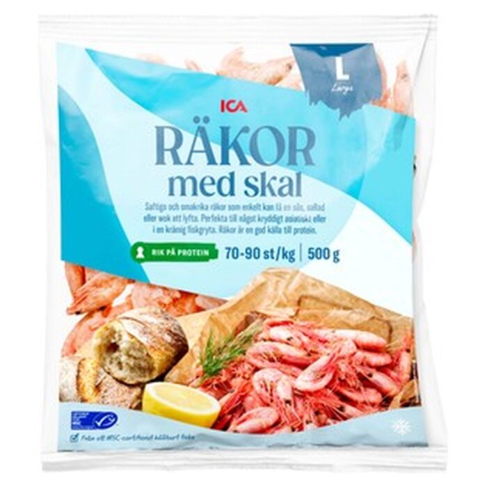Räkor med skal 70/90 Fryst 500g ICA